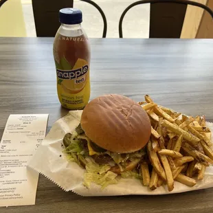 Guacamole, jalapeño burger, fries, and a Snapple