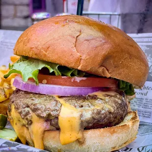 a cheeseburger and french fries