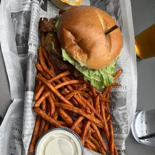 Denny burger rare (delicious!) sweet potatoes so thin and crispy! Very happy with this choice!