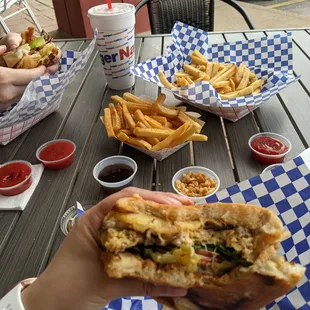 Veggie burger with small Cajun fries and  large sea salt fries