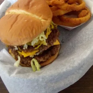 Double meat Great Burger with onion rings from Burger Nook: Meat was not greasy but yet flavorful. Chile was flavorful. Rate it an &quot;A-.&quot;