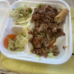 The chicken teriyaki plate. I order mine with no rice. It usually comes with a very generous portion of rice.