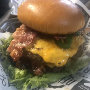 The Contact double. Smoked bacon, cheddar cheese, fresh jalapeños