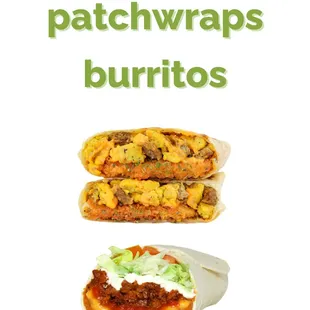 Double grilled stuffed Patchwraps &amp; fast food style vegan burritos and chimichangas. Plus breakfast all day