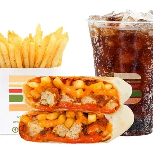 BBQ Chick'n Smashwrap Combo Meal. Includes Smashwrap, Fries (or tater tots) &amp; Drink (or milkshake). Save $3 on any combo!