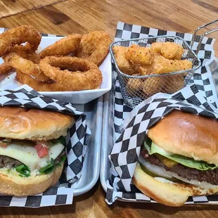 Carne Asada wagyu burger with onion rings &amp; classic wagyu burger with tots