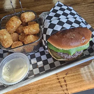 Burger Planet Classic Burger  and Tater Tots.