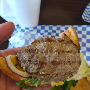 Burger lol look at the patty literally 3 1/3 inches  1mm thin.