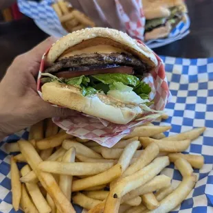 Delicious cheeseburger and fries