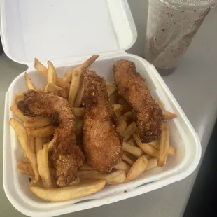 Dry, old looking chicken tenders, unseasoned fries and expensive shake