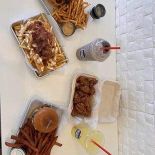 BP Bacon Loaded Fries, Korean Sweet Popcorn, Mushroom Burger, and BBQ Burger