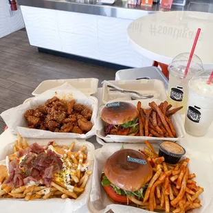 Korean Sweet Popcorn, Hot Chicken Burger Combo, BP Bacon Loaded Fries, Avocado Burger Combo
