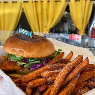 Hot Chicken Burger + &quot;Churro Sweet Potato&quot; Fries (Combo - $13)