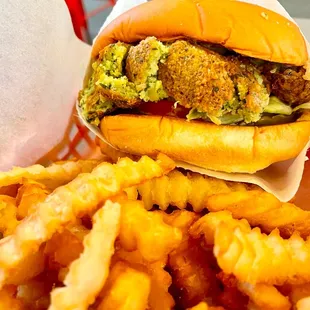 Green Burger (falafel) with crinkle cut fries
