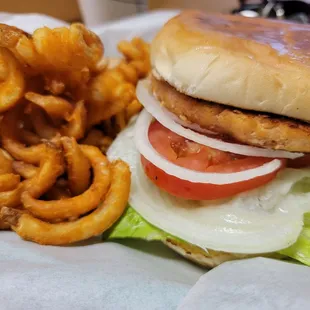 Salmon burger &amp; curly fries