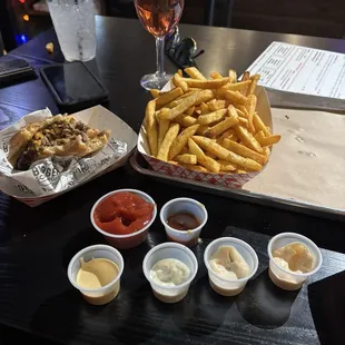Burger and basket of French fries