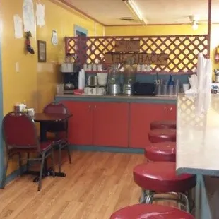 Sit at the counter, table or outside patio