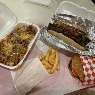 Chili cheese fries, regular fries, Cheeseburger, Philly Cheese Steak