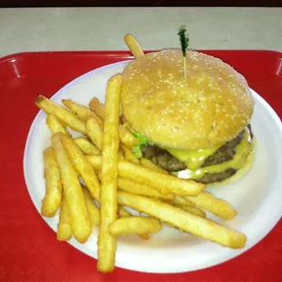 a plate of french fries and a cheeseburger