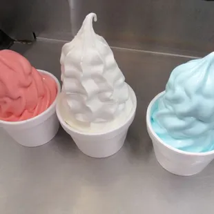A few flavors of our famous real Ice Cream.  This was July 4th Red Velvet and Birthday Cake in blue. The original yummy vanilla in center