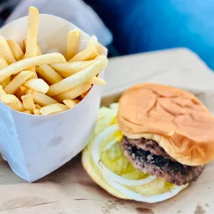 A double burger and French fries.