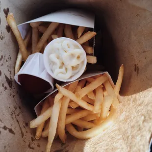 Piping hot fries with ketchup and mayo!