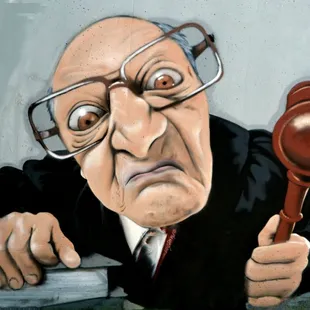 a cartoon of a judge holding a hammer