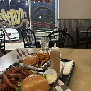 Single State Burger, DBL State Burger, a side of regular fries, &amp; sweet potato fries