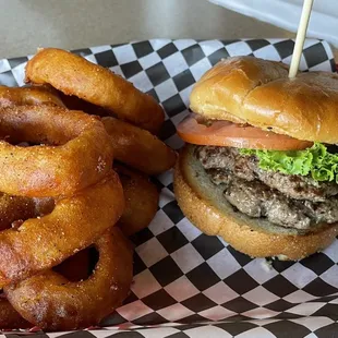 Double burger and onion rings (the onion rings must be fried in the same grease as their fish)