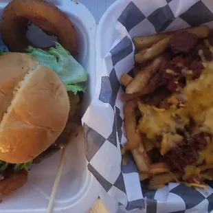 Triple State burger w/ Cheddar cheese, Onion rings &amp; Chili Cheese fries