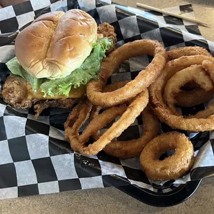 Fried Chicken Sandwich with a side of Onion Rings