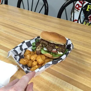 Double Cheeseburger and tots $10 bucks after tax. Very tasty.