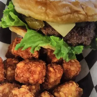 Jalapeno burger with tator tots