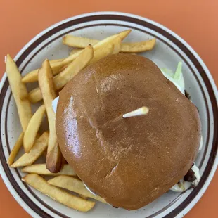 a burger and french fries on a plate