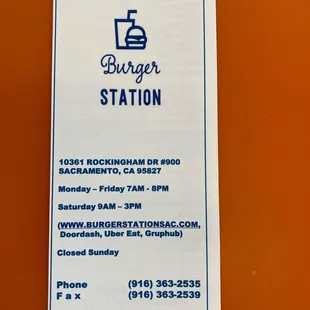 Front of menu work hours, website, and phone number