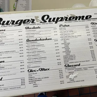 Menu at the counter where orders are taken