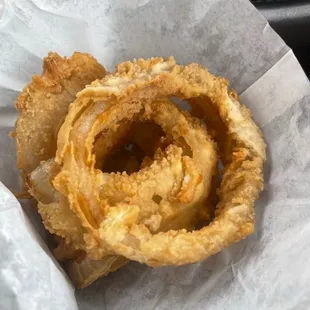 An order of thick and crispy onion rings