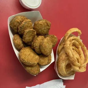 Fried pickles and some of the best onion rings that we have ever had.