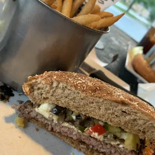 Greek burger, jo jo fries.