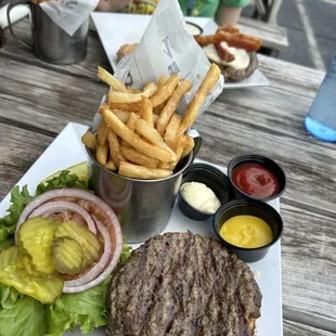 a plate of burgers and fries