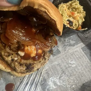 Build Your Own Burger: Turkey, white bun, caramelized onions, blue cheese and a side of bourbon bbq.  Pasta Salad