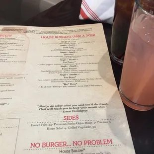 Burger menu + drinks on the side