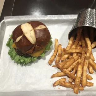 My Build Your Own Burger on a Pretzel Bun with fries
