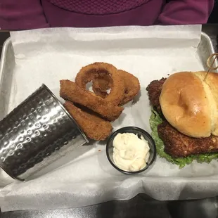 Crispy Fish Sandwich with Onion Rings