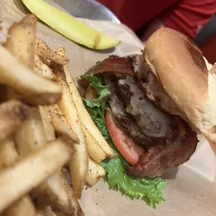 a hamburger and french fries