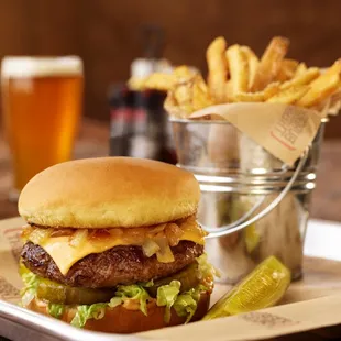 a burger and fries on a plate