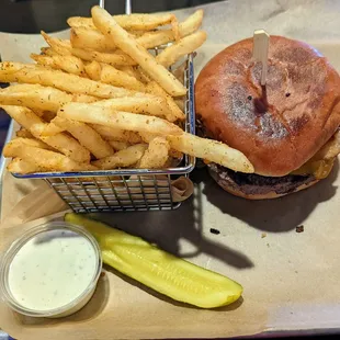 Lonestar burger with fries.