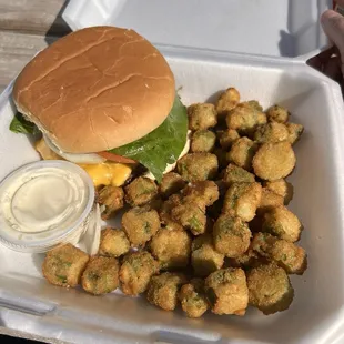 Cheeseburger with everything and okra