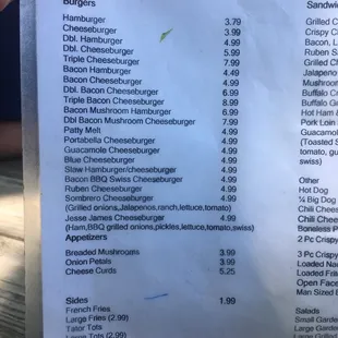 the price of burgers on the menu