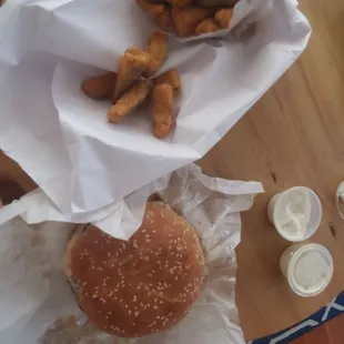 French Burger [Mushroom Swiss Burger] and Fried Zucchini